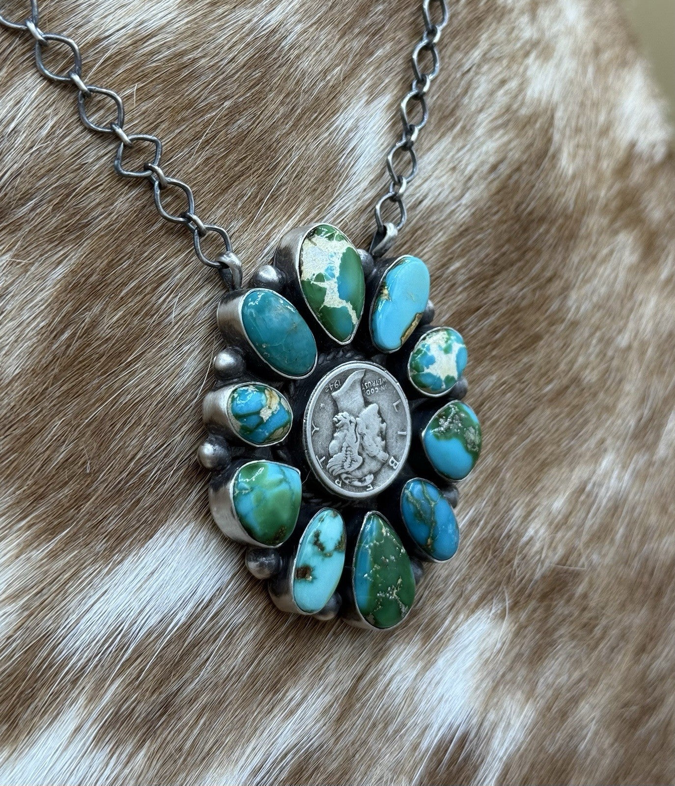Navajo Handmade Silver Sonoran Gold Turquoise Liberty Coin Cluster Necklace 18”