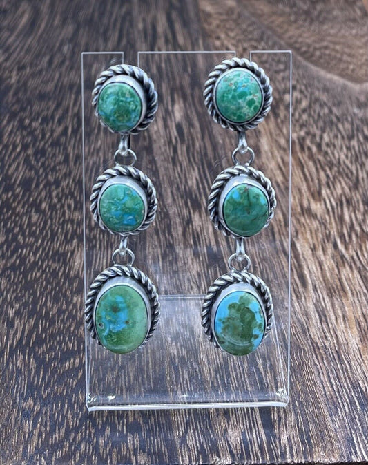 Native American Navajo Handmade Sterling Silver Turquoise Post Dangle Earrings