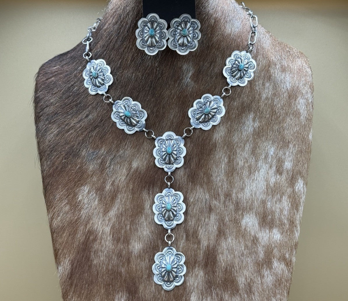 Navajo Handmade Sterling Silver Stamped Concho Turquoise Lariat Necklace Set 20”