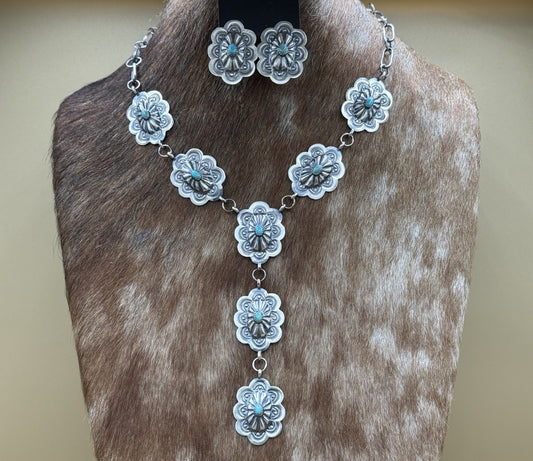 Navajo Handmade Sterling Silver Stamped Concho Turquoise Lariat Necklace Set 20”