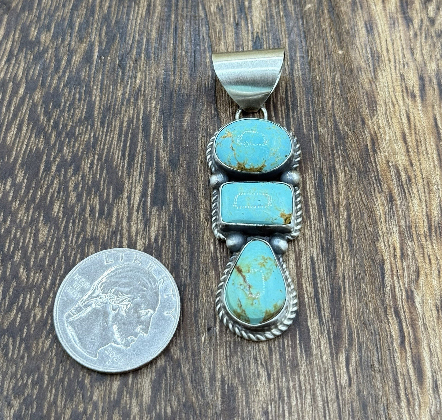 Navajo Handmade Sterling Silver Blue Glacier Turquoise Cluster Drop Pendant