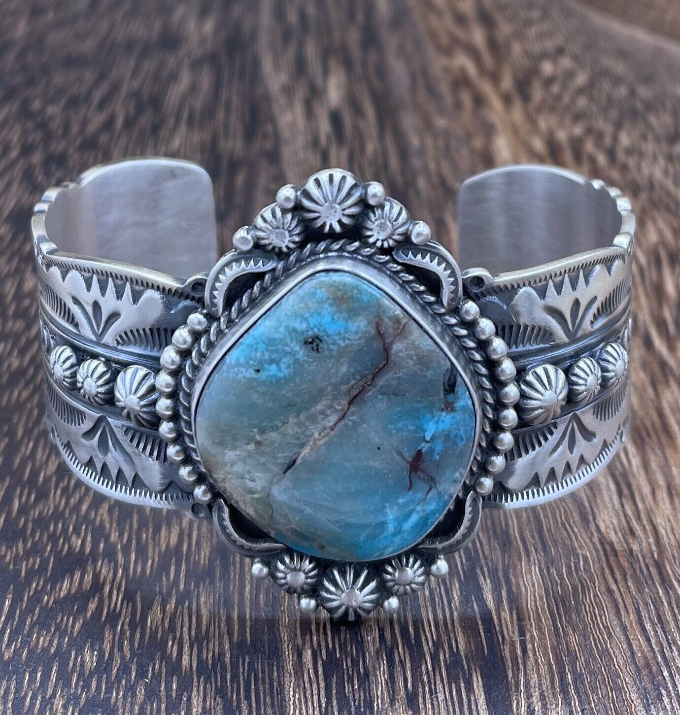 Native American Navajo Handmade Silver Smokey MT. Turquoise Cuff Bracelet Bennie