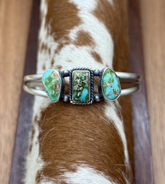 Navajo Handmade Sterling Silver Sonoran Gold Turquoise Cluster Cuff Bracelet