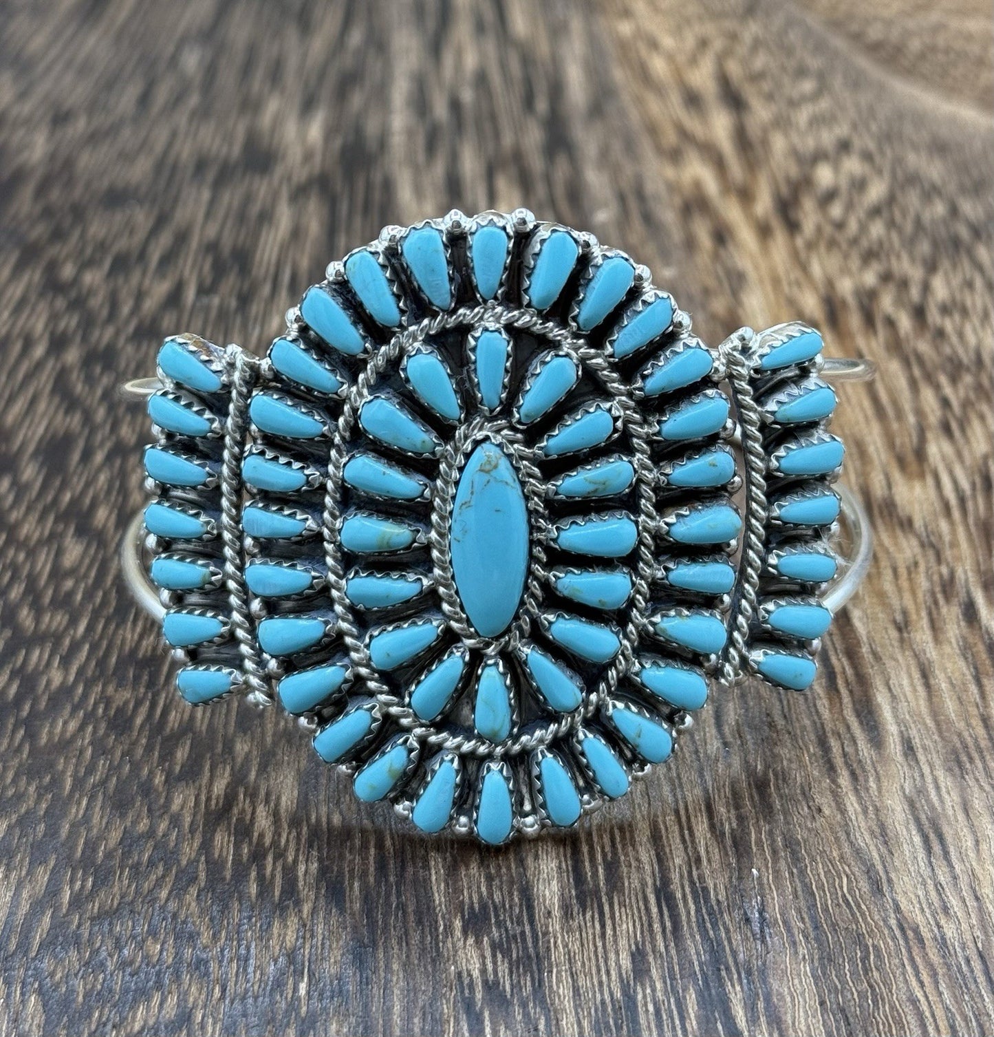 Native American Navajo Handmade Sterling Silver Turquoise Cluster Cuff Bracelet