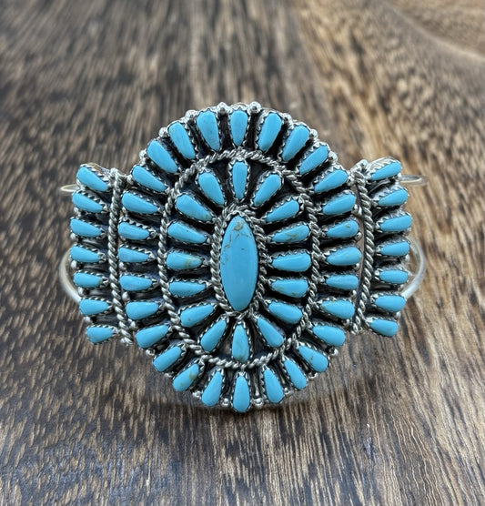 Native American Navajo Handmade Sterling Silver Turquoise Cluster Cuff Bracelet