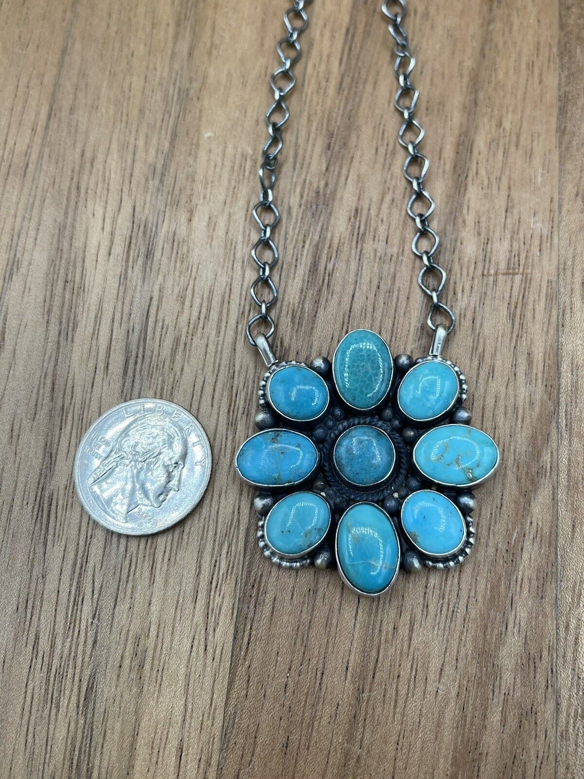 Native American Navajo Handmade Silver Turquoise Cluster Necklace 18 Inch