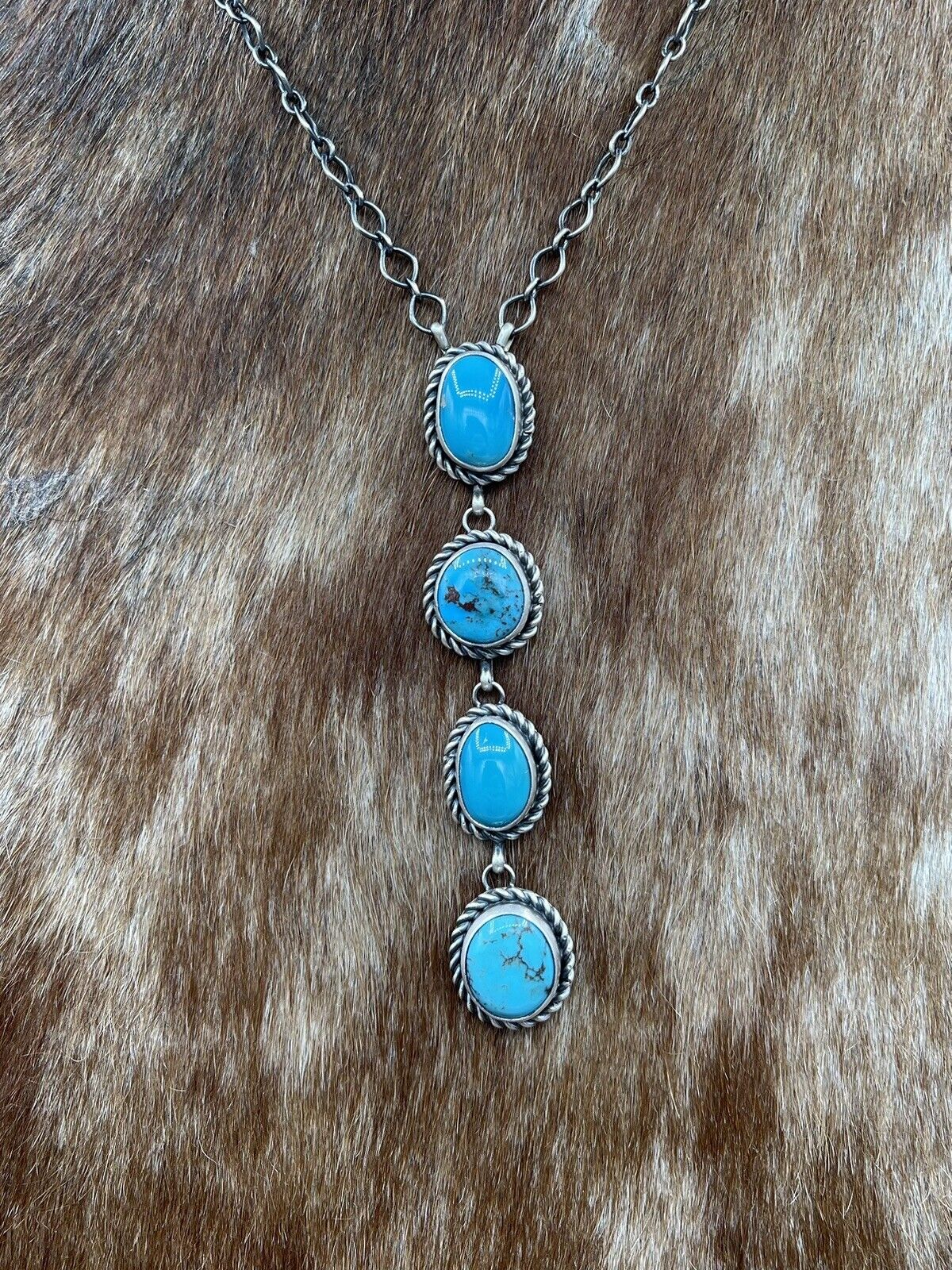 Native American Navajo Handmade Silver Egyptian Turquoise Drop Bar Necklace 18”