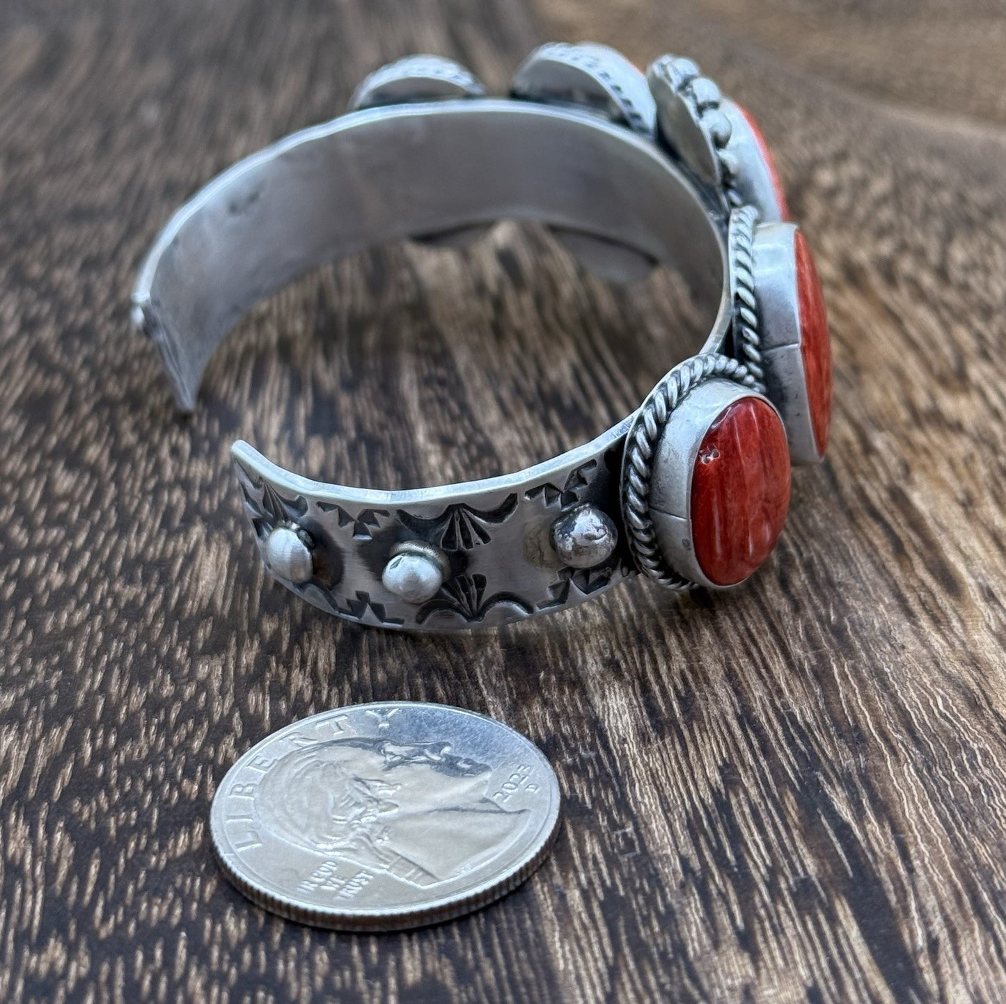 Native Navajo Handmade Sterling Silver Red Spiny Oyster Shell Cuff Bracelet