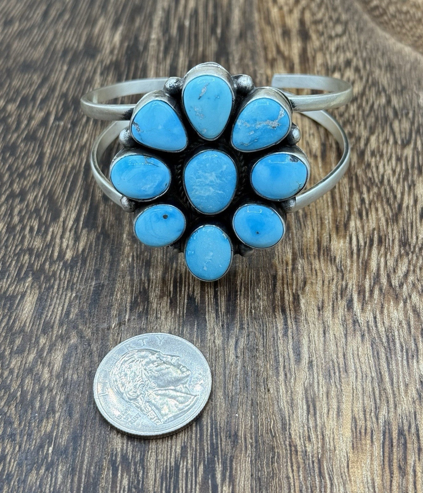Navajo Handmade Sterling Silver Blue Ridge Turquoise Cluster Cuff Bracelet