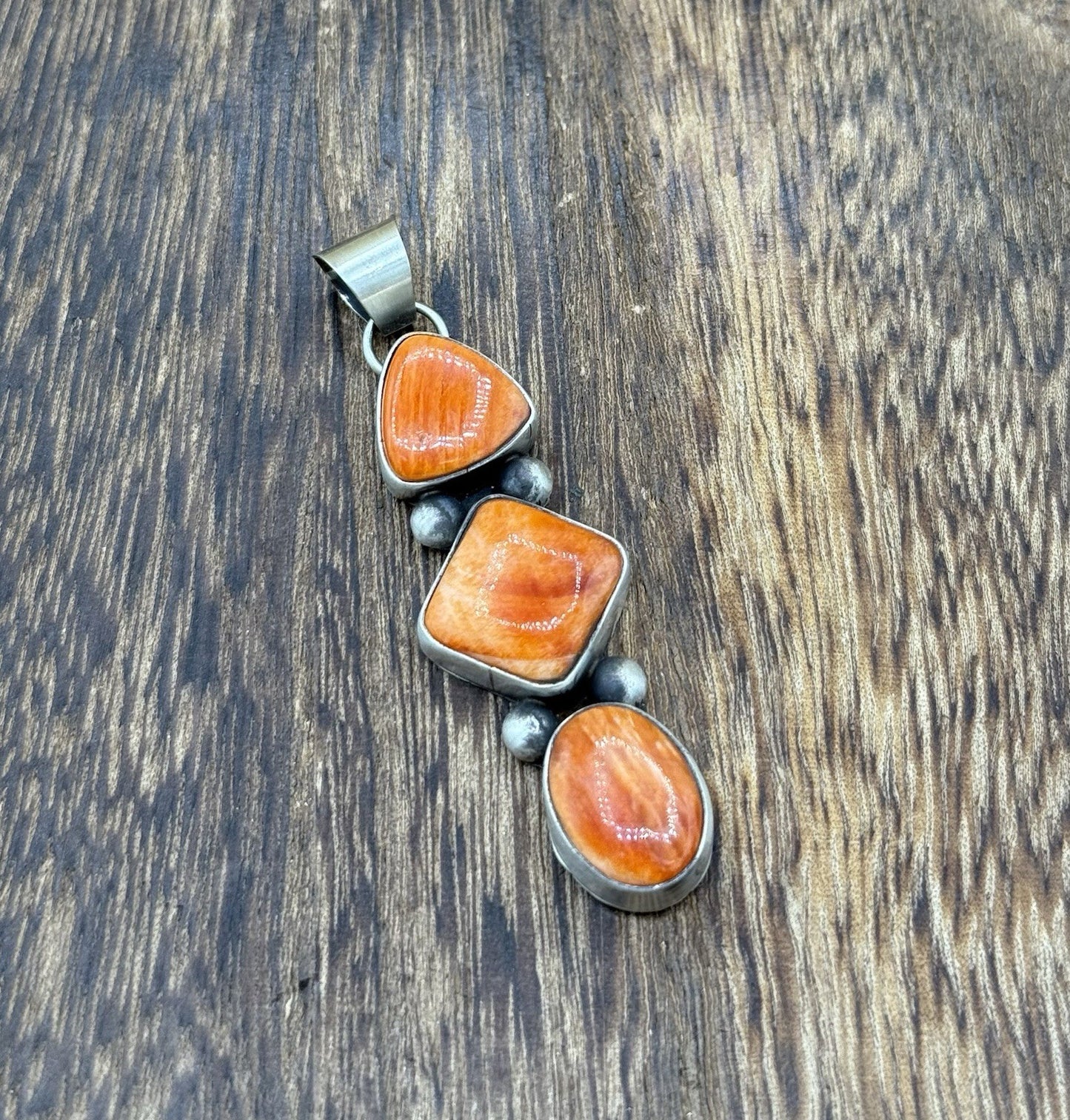 Navajo Handmade Sterling Silver Orange Spiny Oyster Shell Cluster Drop Pendant