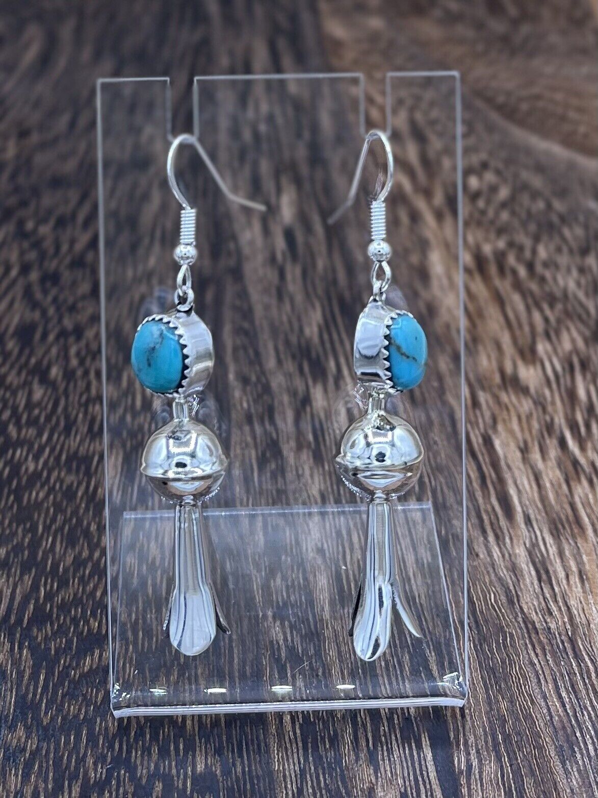 Native American Silver Navajo Handmade Turquoise Dangle Blossom Earrings shiny