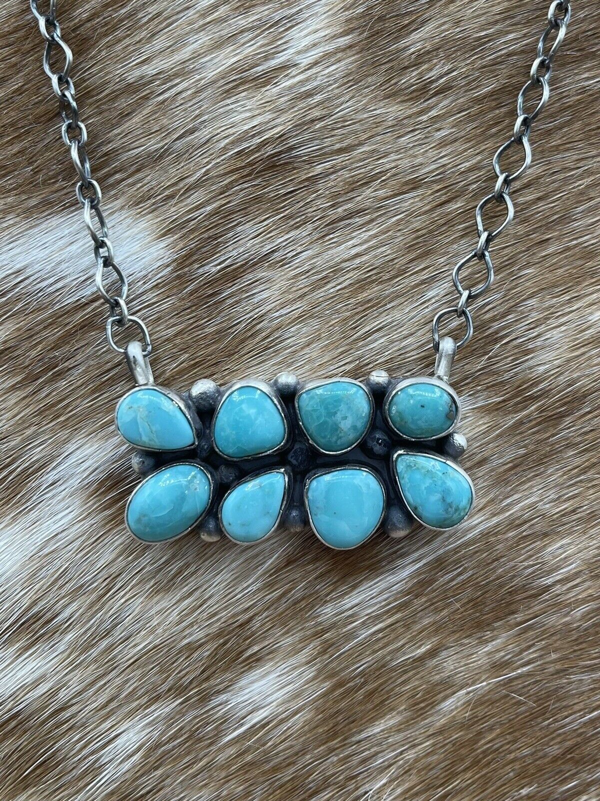 Native American Navajo Handmade Silver Turquoise Cluster Bar Necklace 18