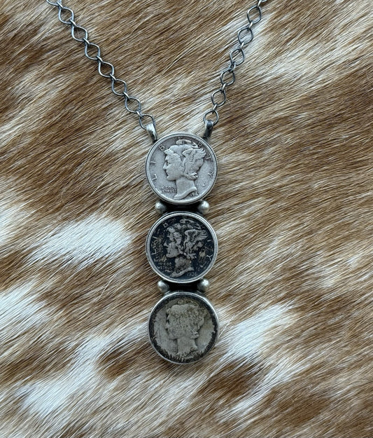 Navajo Handmade Sterling Silver Liberty Dime Cluster Bar Lariat Necklace 18”