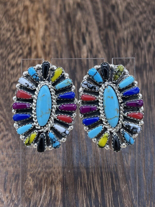 Native American Navajo Handmade Sterling Silver Multicolor Cluster Stud Earrings