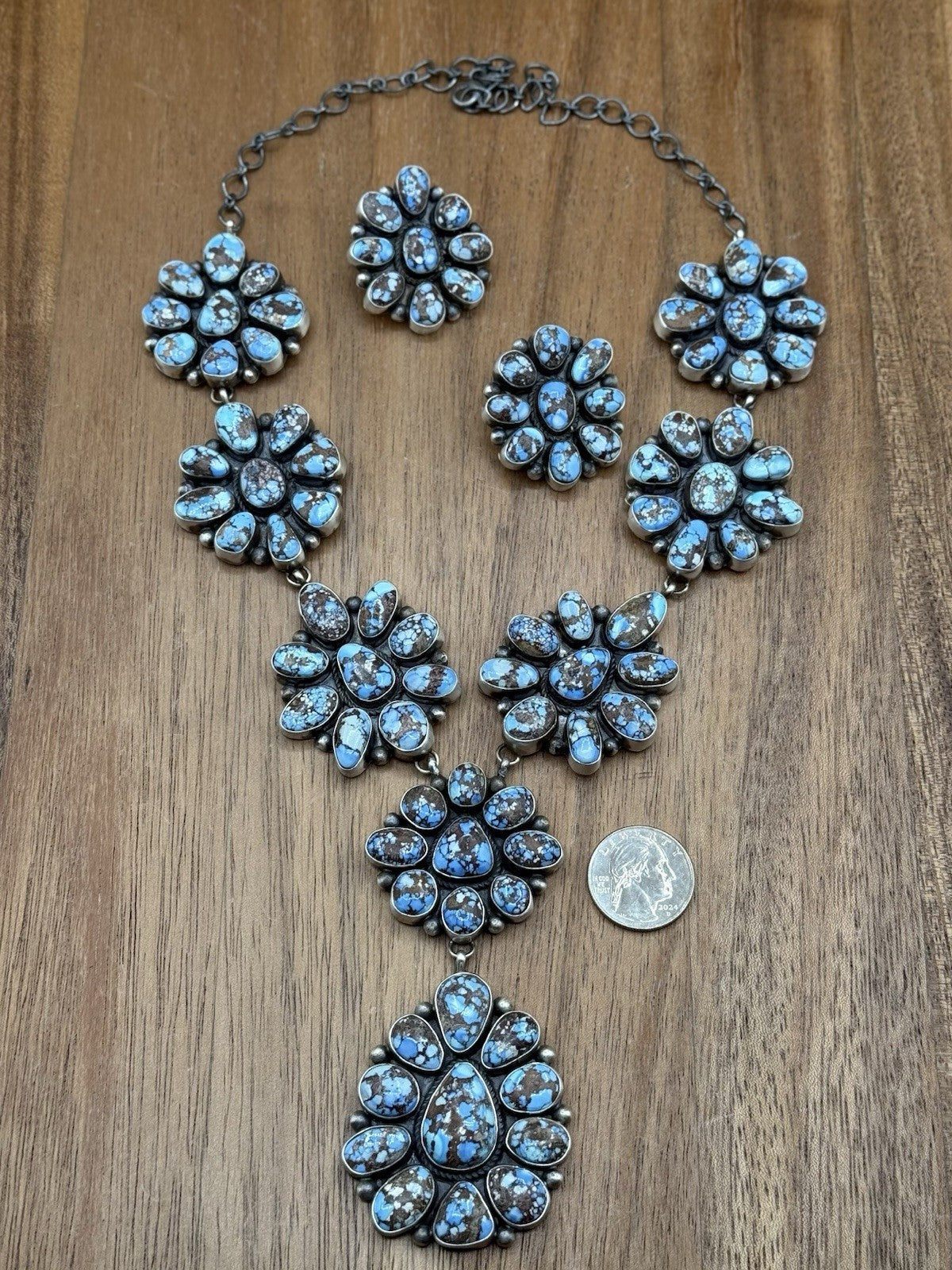 Native Navajo Handmade Silver Golden Hills Turquoise Cluster Lariat Necklace 24”