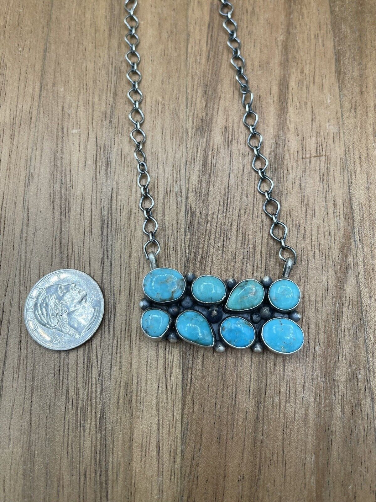 Native American Navajo Handmade Silver Turquoise Cluster Bar Necklace 18