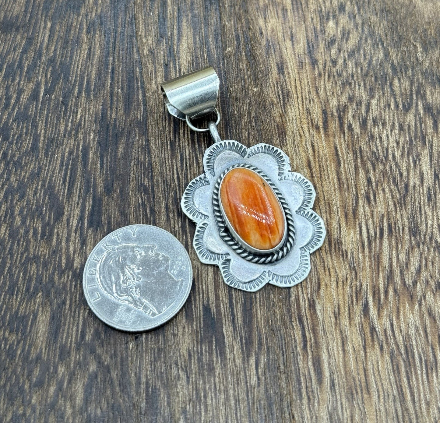 Navajo Handmade Sterling Silver Orange Spiny Oyster Shell Stamped Drop Pendant