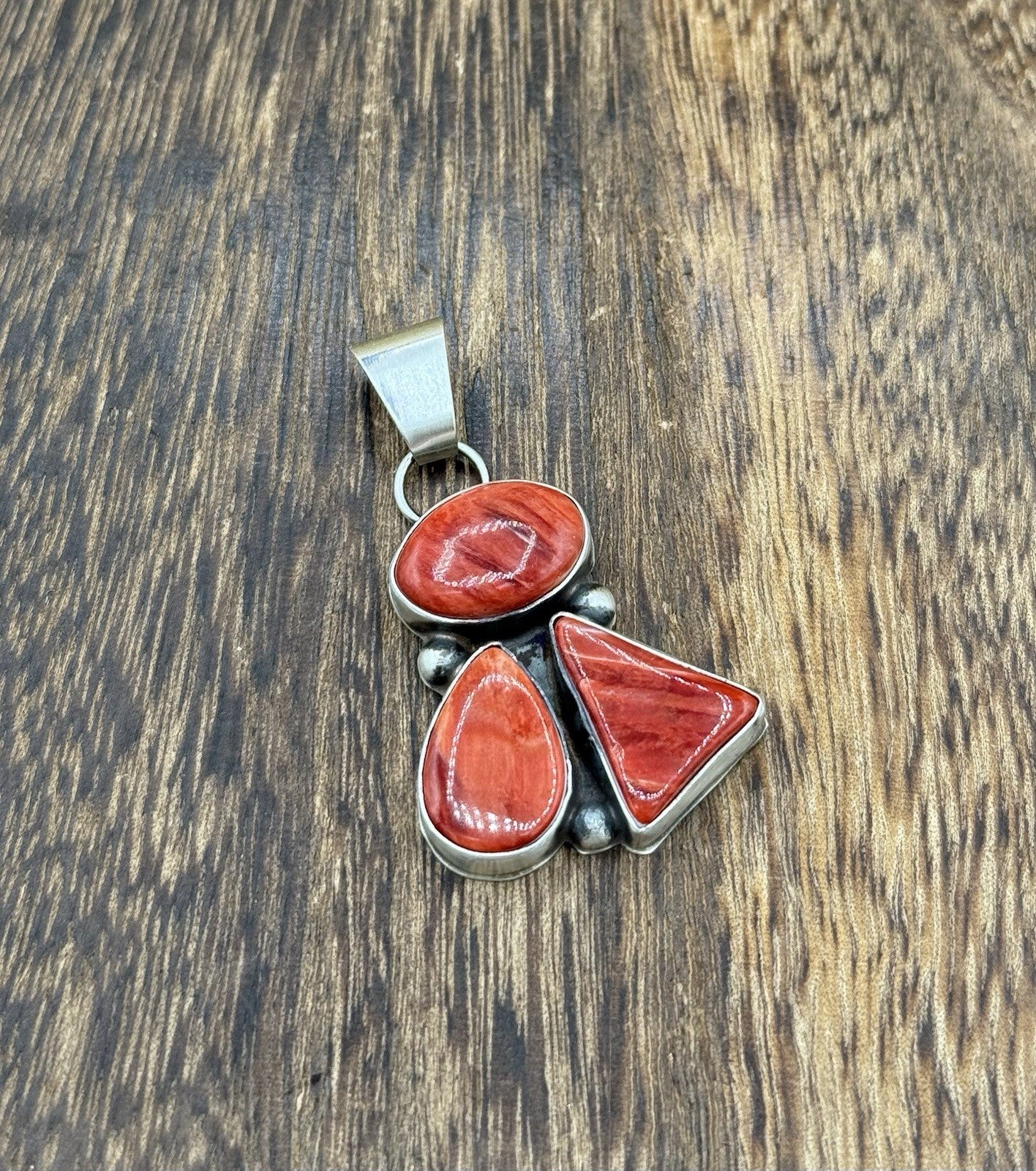 Navajo Handmade Sterling Silver Red Spiny Oyster Shell Cluster Drop Pendant