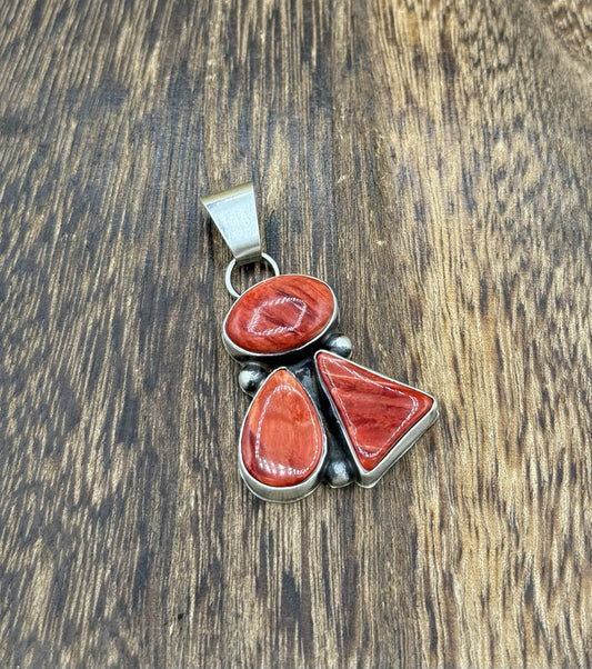Navajo Handmade Sterling Silver Red Spiny Oyster Shell Cluster Drop Pendant