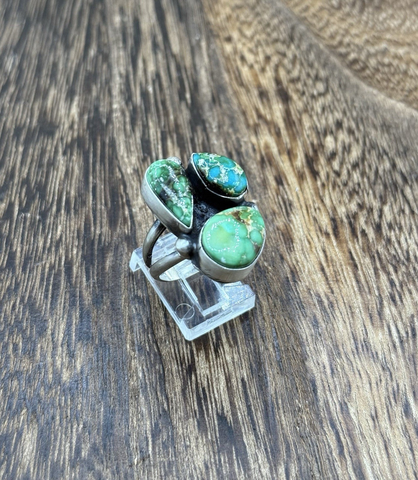 Navajo Handmade Sterling Silver Sonoran Gold Turquoise Cluster Ring Size 9