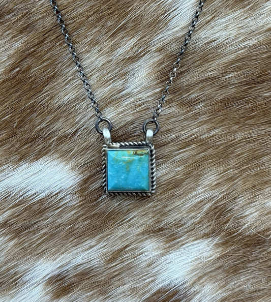 Native Navajo Handmade Silver Kingman Turquoise Cluster Bar Necklace 16”
