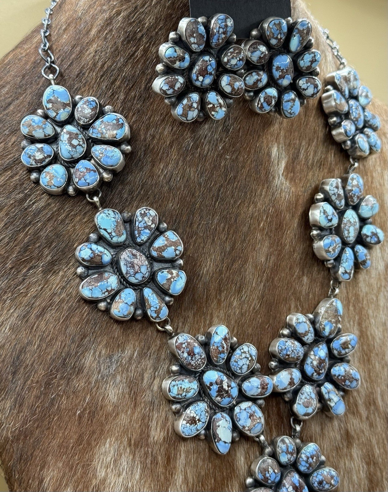 Native Navajo Handmade Silver Golden Hills Turquoise Cluster Lariat Necklace 24”