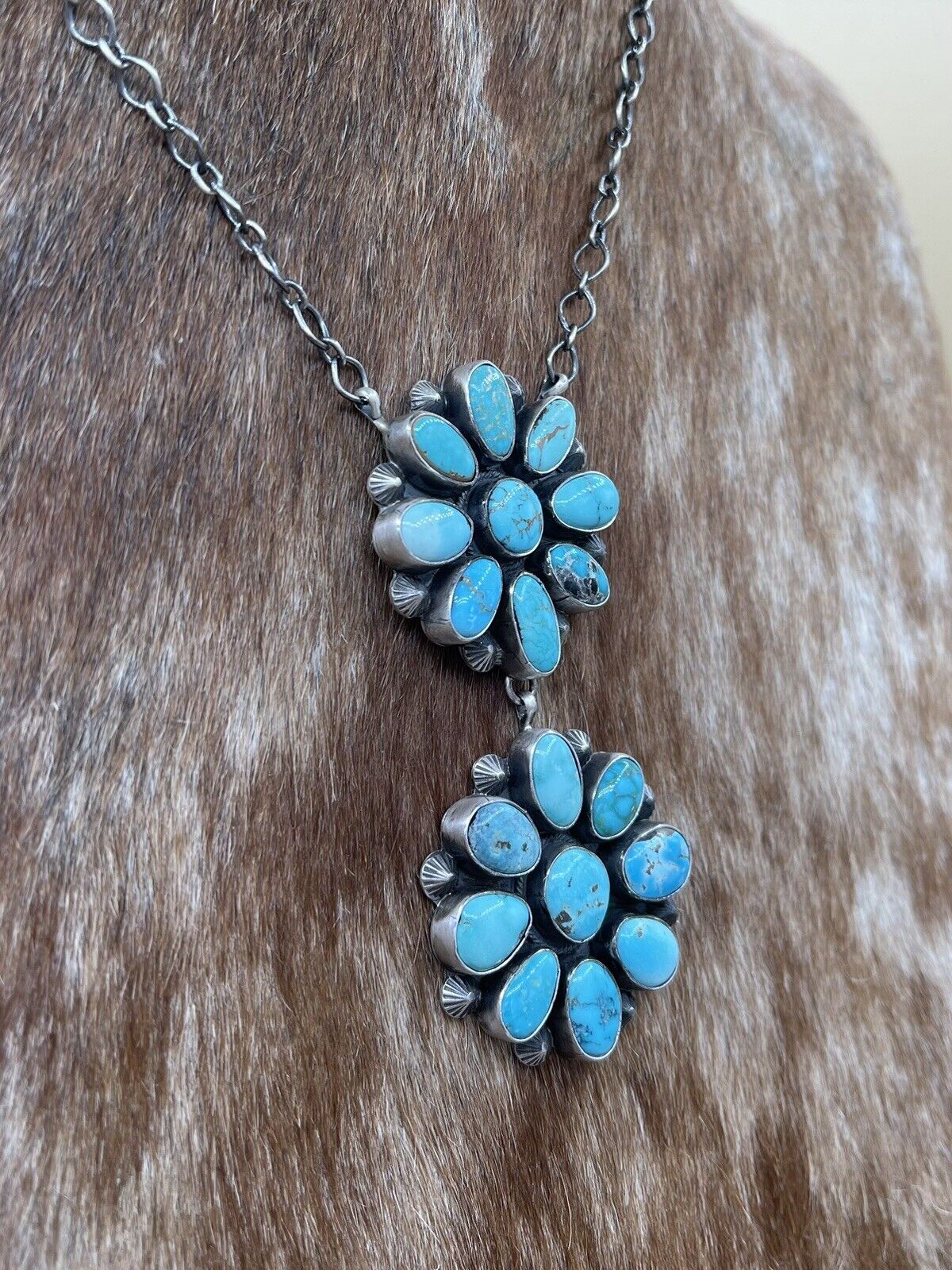 Native American Navajo Handmade Silver Kingman Turquoise Double Cluster Necklace