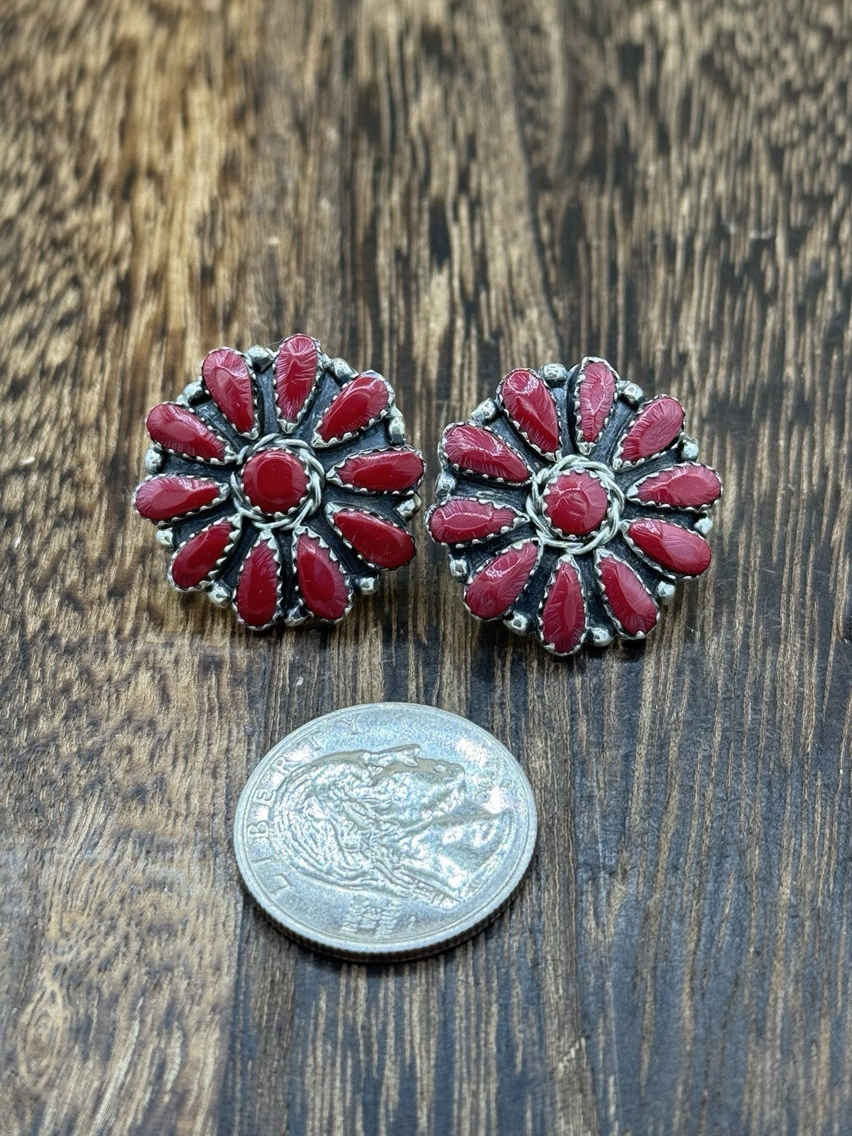 Native American Navajo Handmade Sterling Silver Red Coral Cluster Stud Earrings
