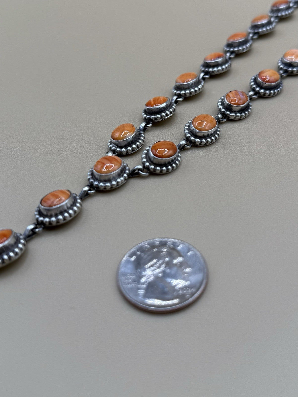Navajo Handmade Sterling Silver Orange Spiny Oyster Lariat Dangle Necklace Long