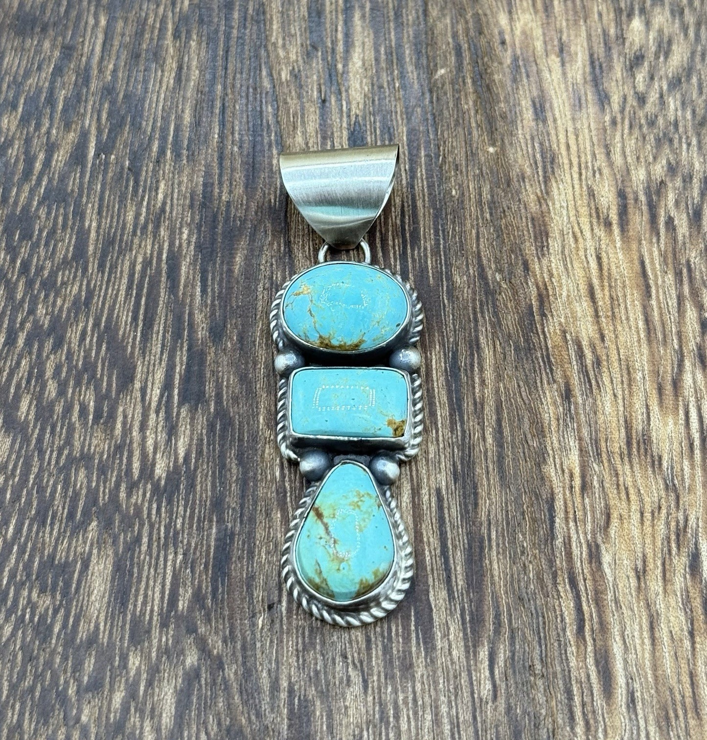 Navajo Handmade Sterling Silver Blue Glacier Turquoise Cluster Drop Pendant