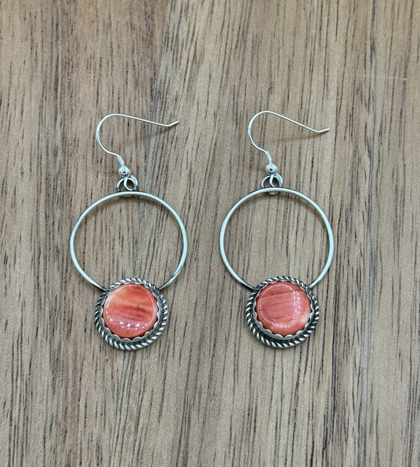 Navajo Handmade Sterling Silver Red Spiny Oyster Shell Hoop Dangle Drop Earrings