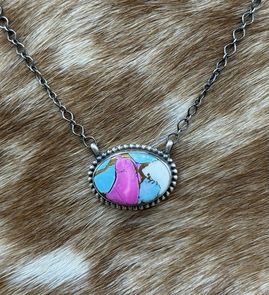 Native Navajo Handmade Sterling Silver Cotton Candy Dahlia Bar Necklace 18”