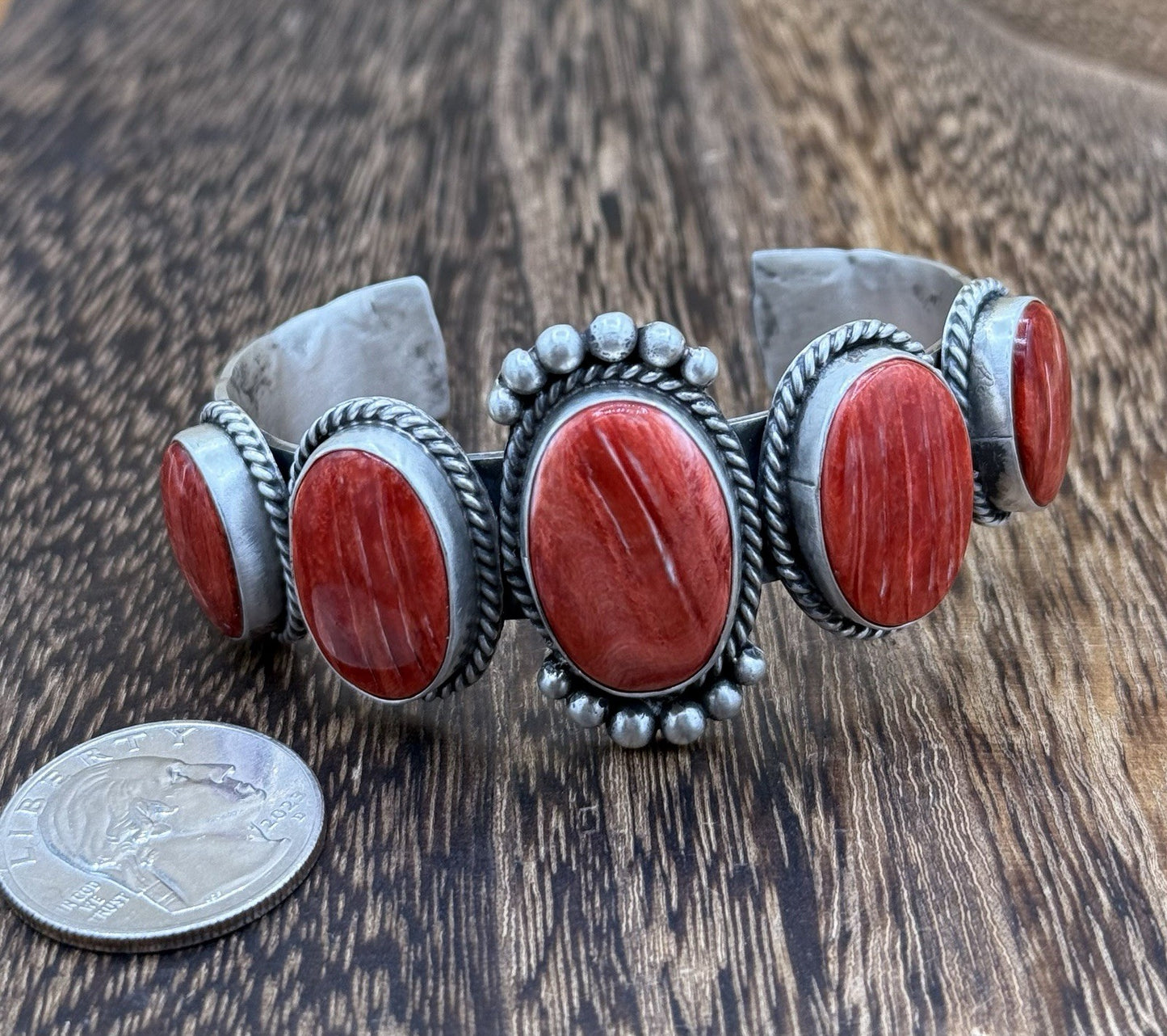 Native Navajo Handmade Sterling Silver Red Spiny Oyster Shell Cuff Bracelet