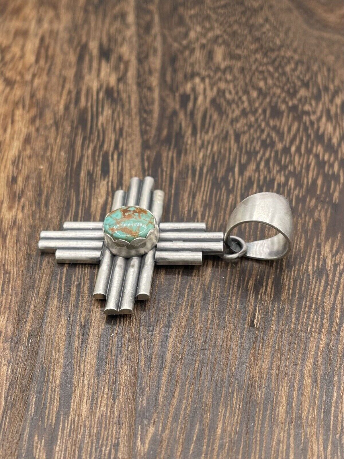 Native American Sterling Silver Navajo Handmade Kingman Turquoise Zia Pendant