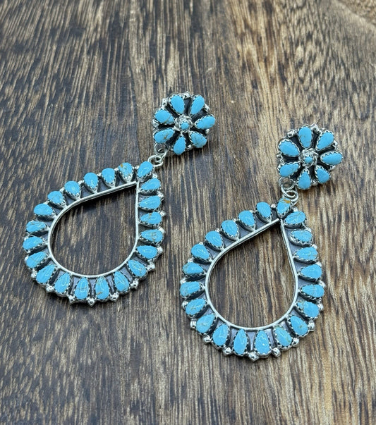 Navajo Handmade Sterling Silver Turquoise Cluster Post Drop earrings Large