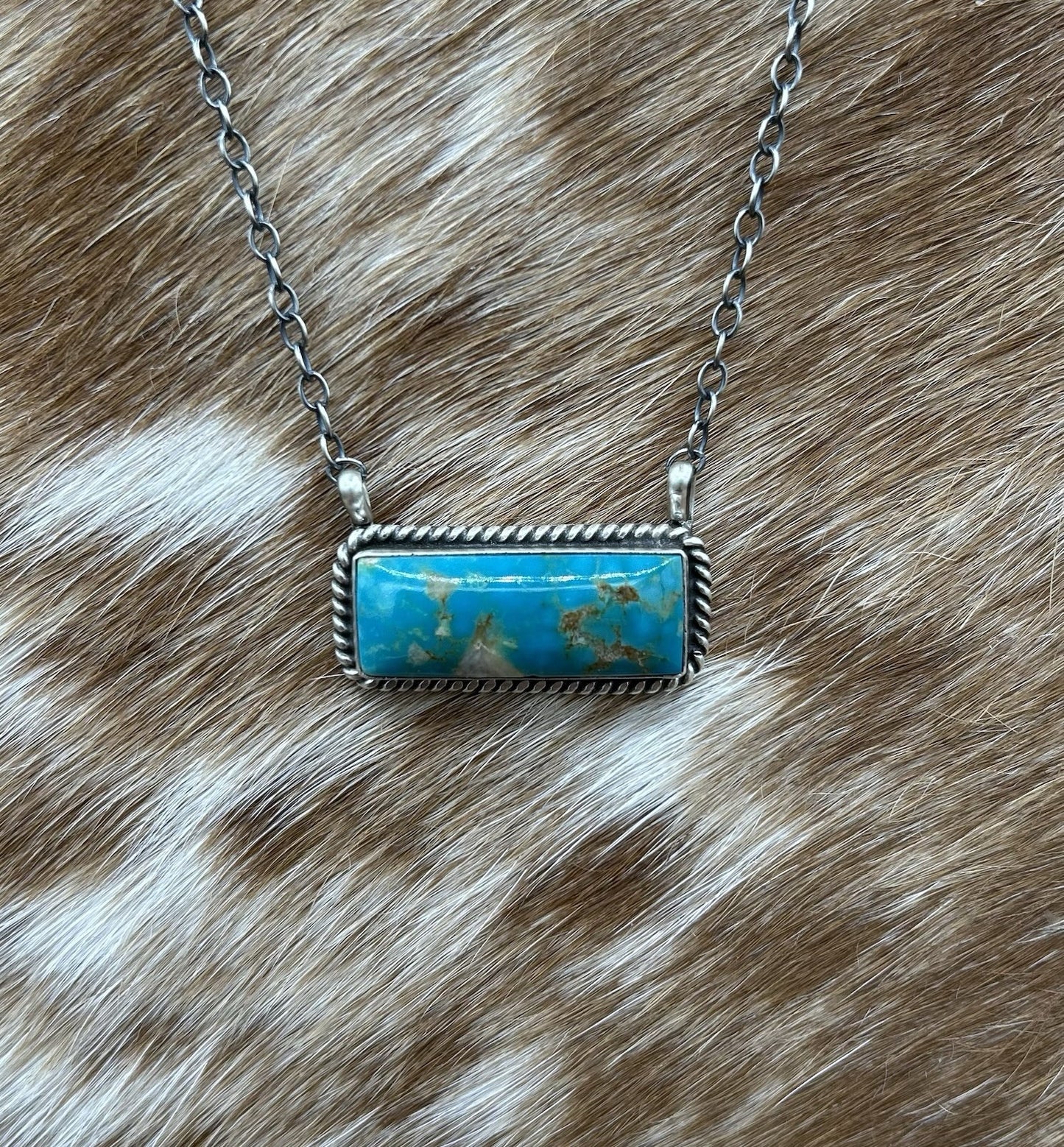 Navajo Handmade Sterling Silver Kingman Turquoise Bar Necklace 16”