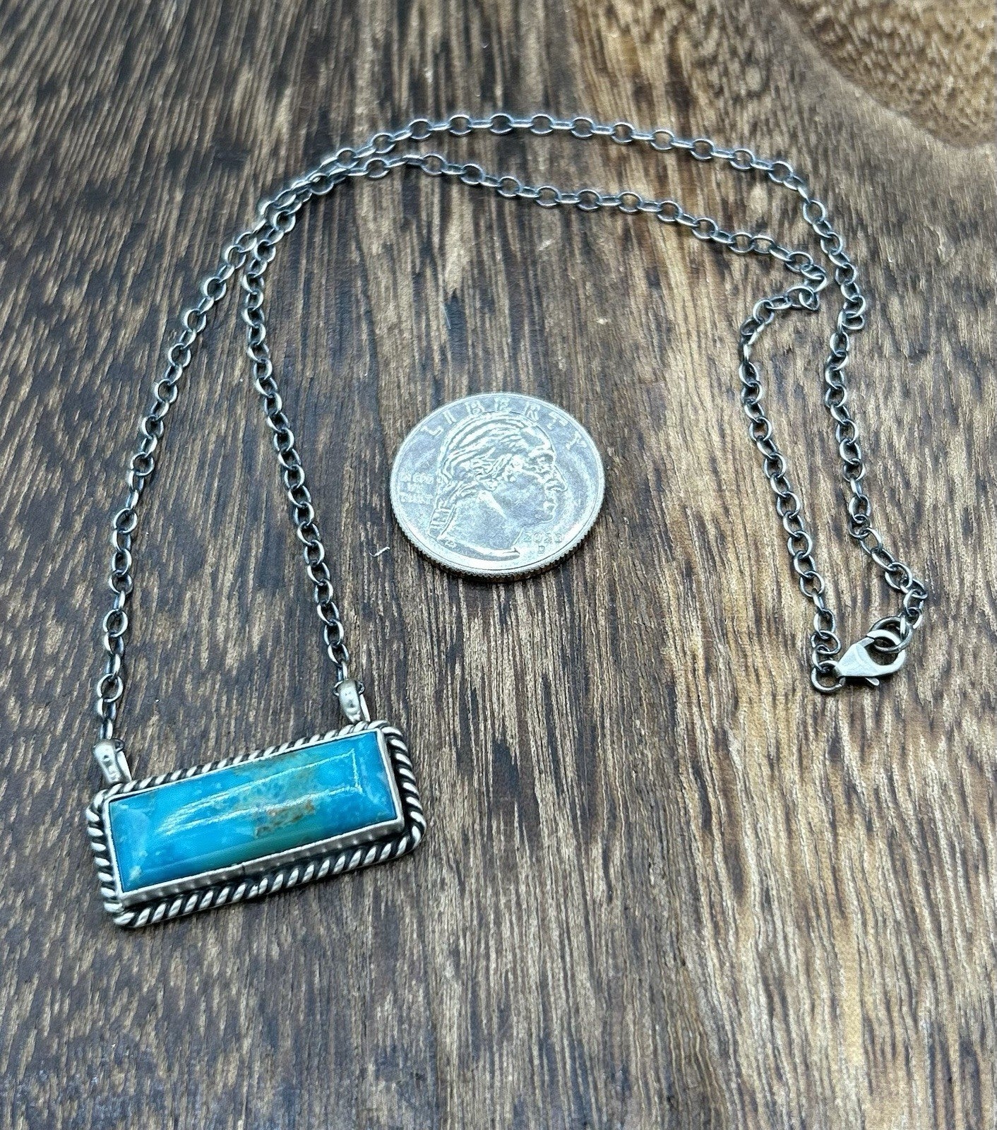 Navajo Handmade Sterling Silver Kingman Turquoise Bar Necklace 16”