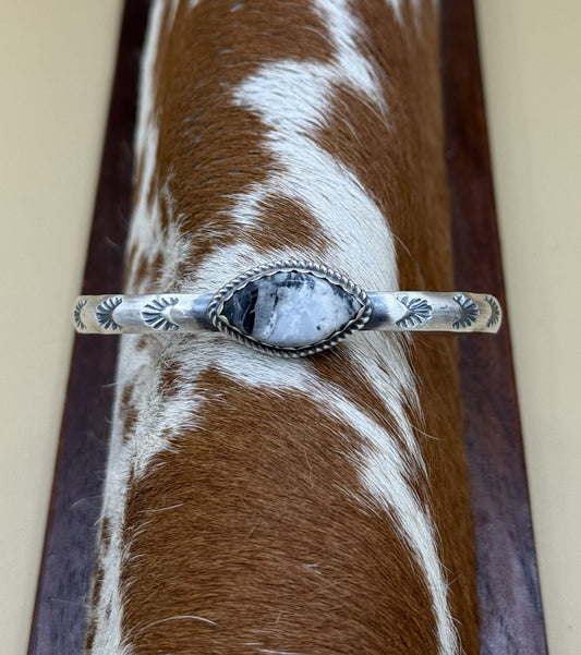 Navajo Handmade Sterling Silver White Buffalo Stamped Stacker Cuff Bracelet