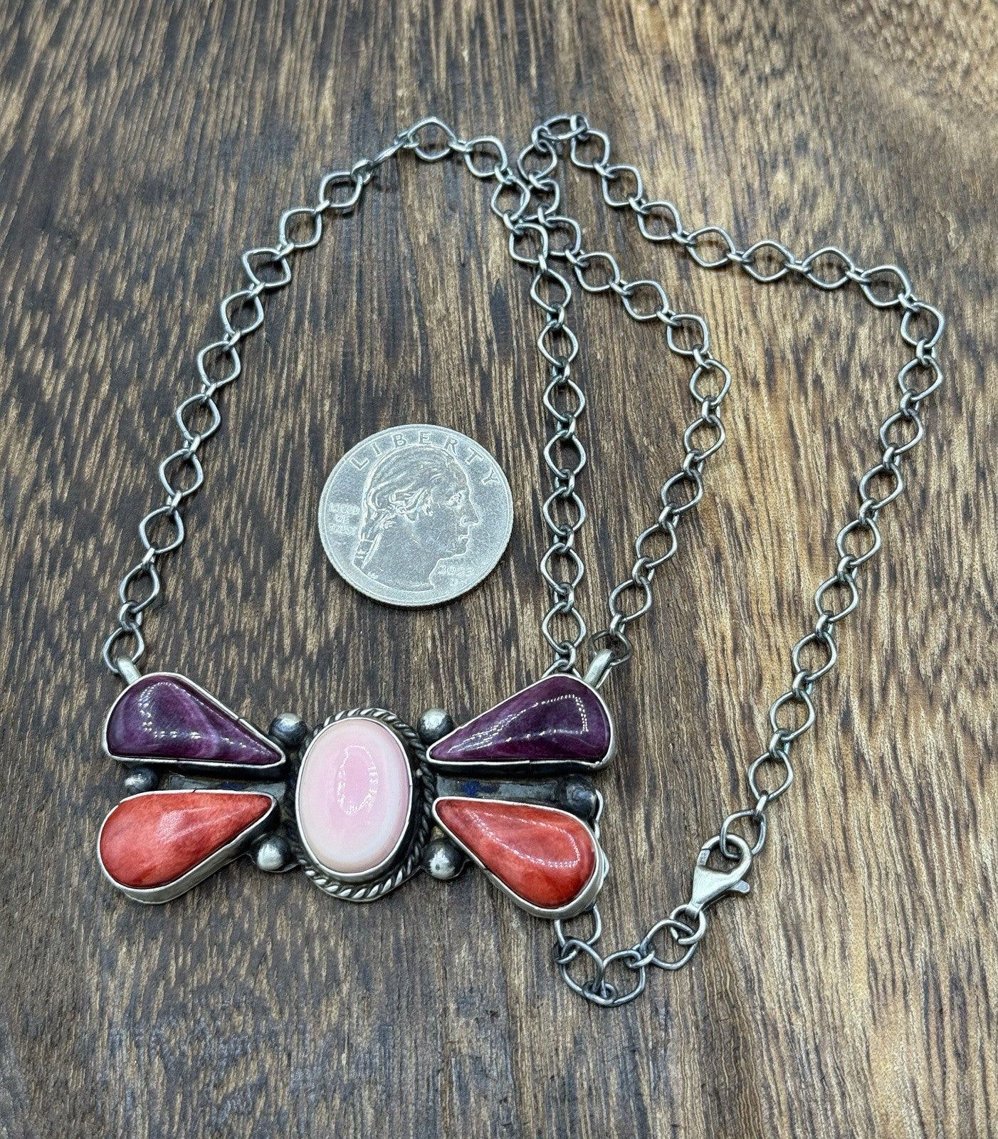 Navajo Handmade Sterling Silver Multi Stone Color Cluster Bar Necklace 18”