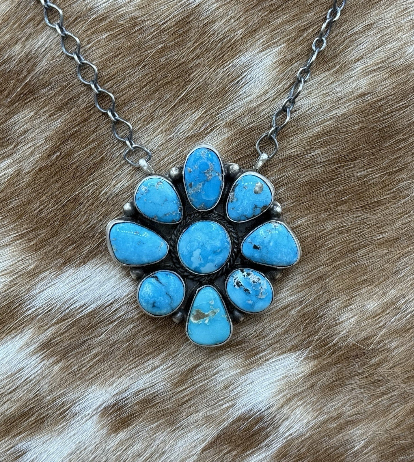 Navajo Handmade Sterling Silver Blue Ridge Turquoise Cluster Bar Necklace 18”