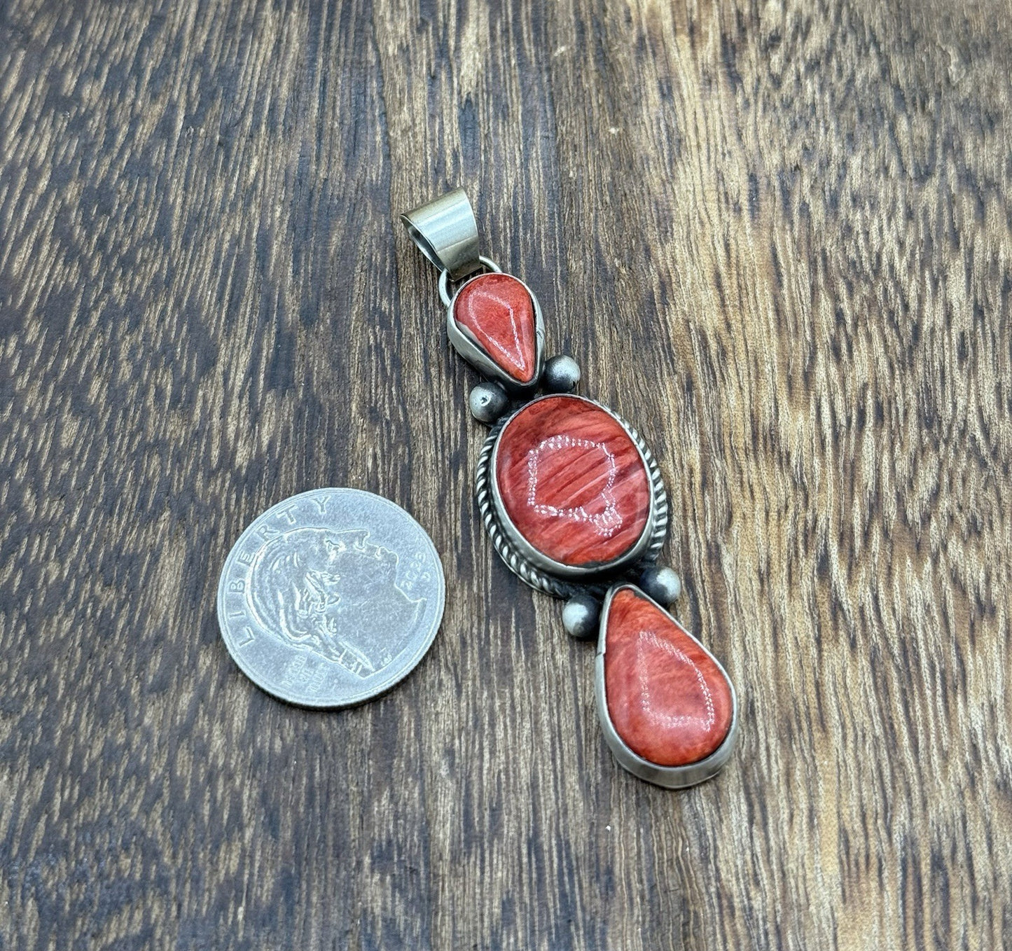 Navajo Handmade Sterling Silver Red Spiny Oyster Shell Cluster Drop Pendant