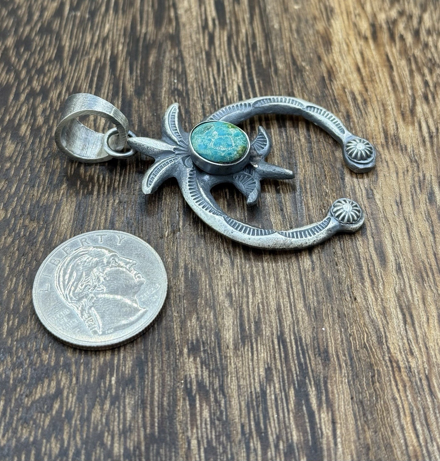 Navajo Handmade Sterling Silver Old Look Sonoran Gold Turquoise Naja Pendant