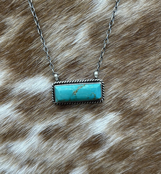 Navajo Handmade Sterling Silver Kingman Turquoise Bar Necklace 16”