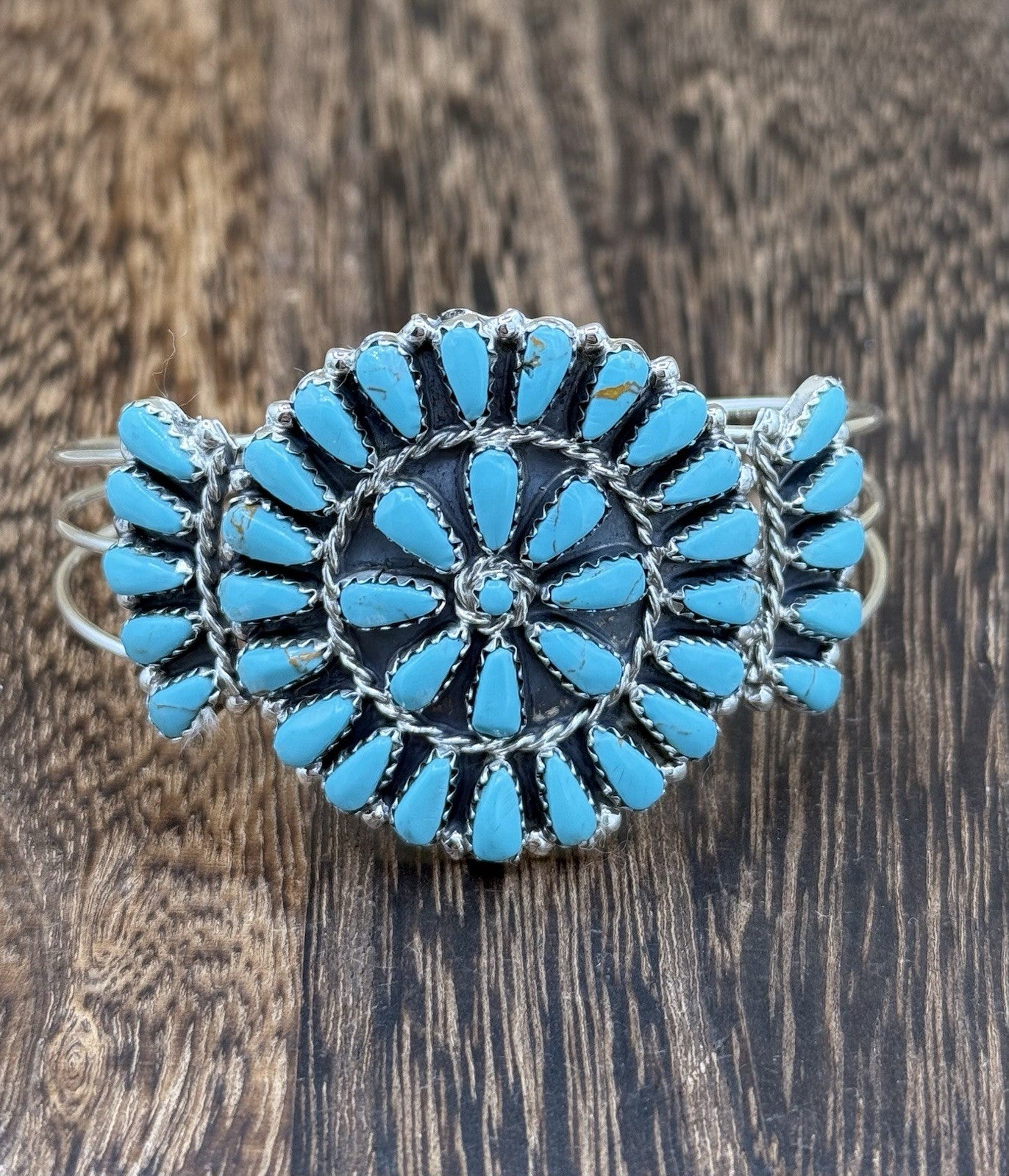 Native American Navajo Handmade Sterling Silver Turquoise Cluster Cuff Bracelet