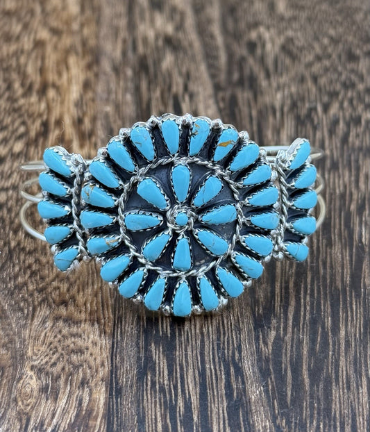 Native American Navajo Handmade Sterling Silver Turquoise Cluster Cuff Bracelet