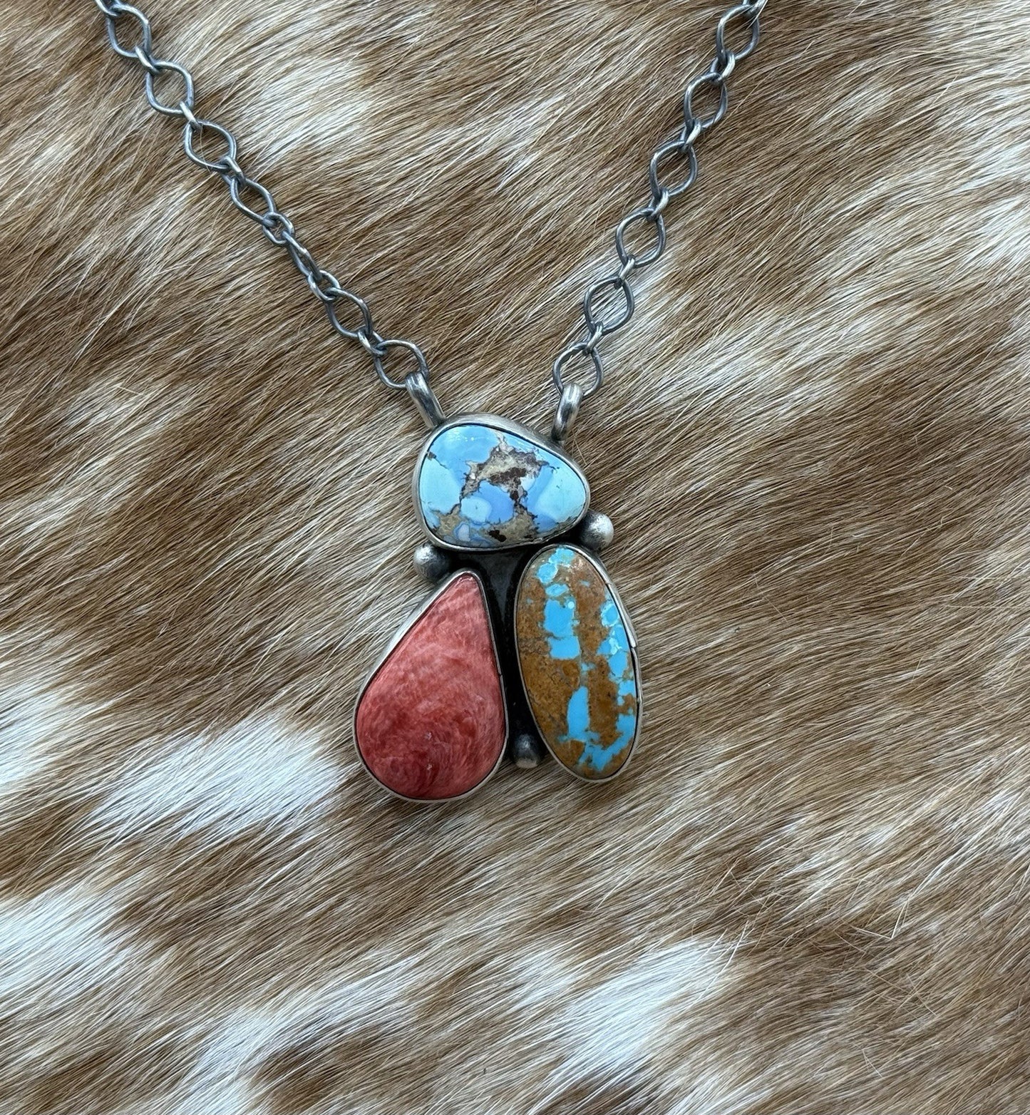 Navajo Handmade Sterling Silver Multi stone Turquoise  Cluster Bar Necklace 18”