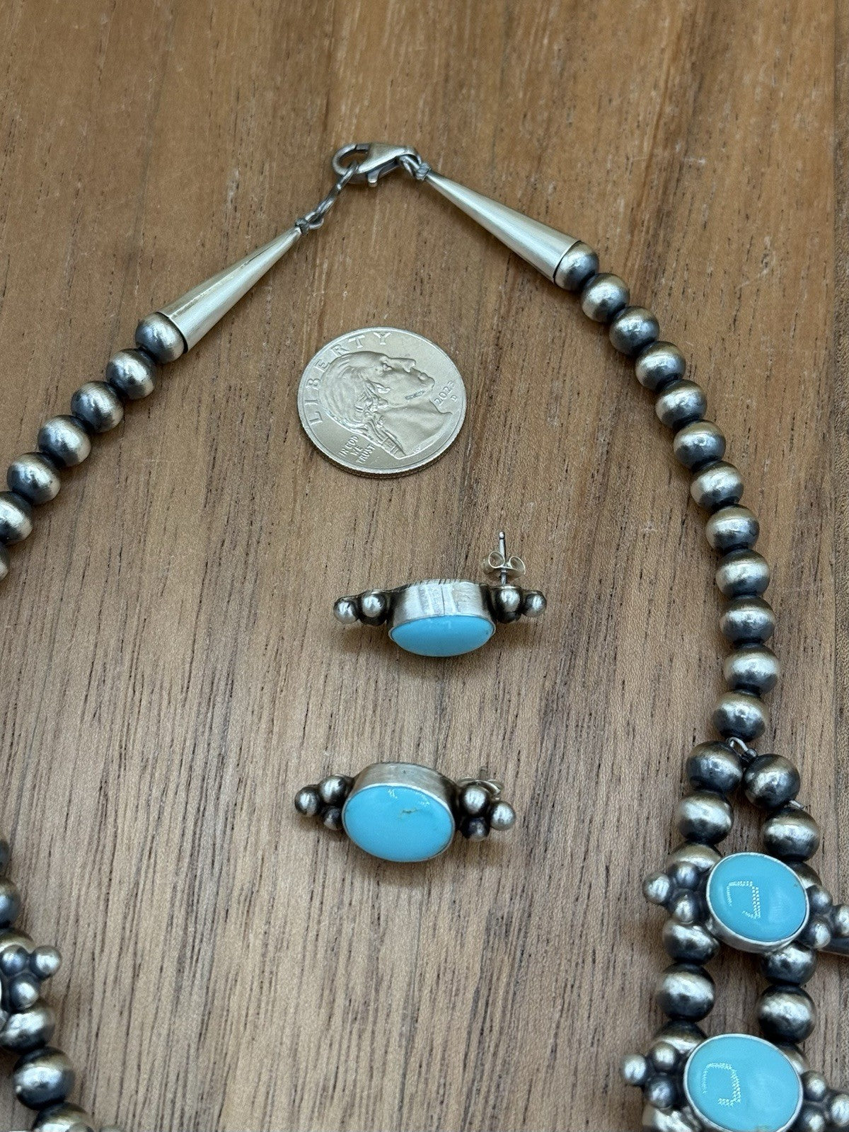 Navajo Handmade Sterling Silver Kingman Turquoise Squash Blossom Necklace 20”