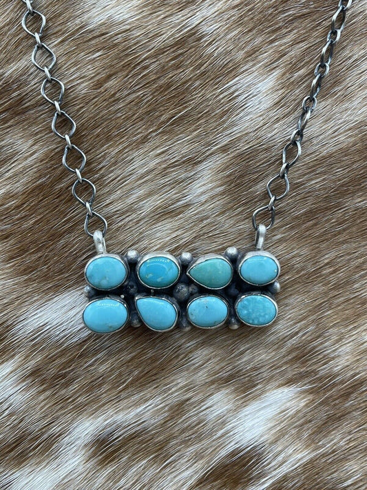 Native American Navajo Handmade Silver Turquoise Cluster Bar Necklace 18