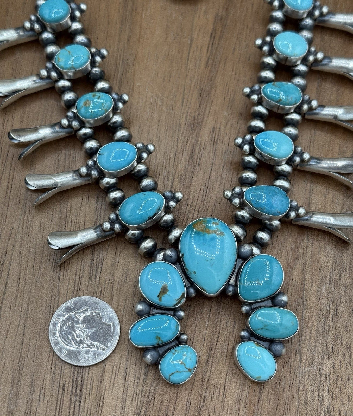 Navajo Handmade Sterling Silver Kingman Turquoise Squash Blossom Necklace 20”