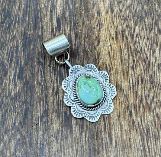 Navajo Handmade Sterling Silver Sonoran Gold Turquoise Stamped Drop Pendant